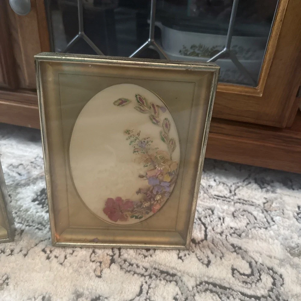 Set of 2 Vtg Gold Framed Pressed Flower Art Dried Botanicals Cottagecore Decor